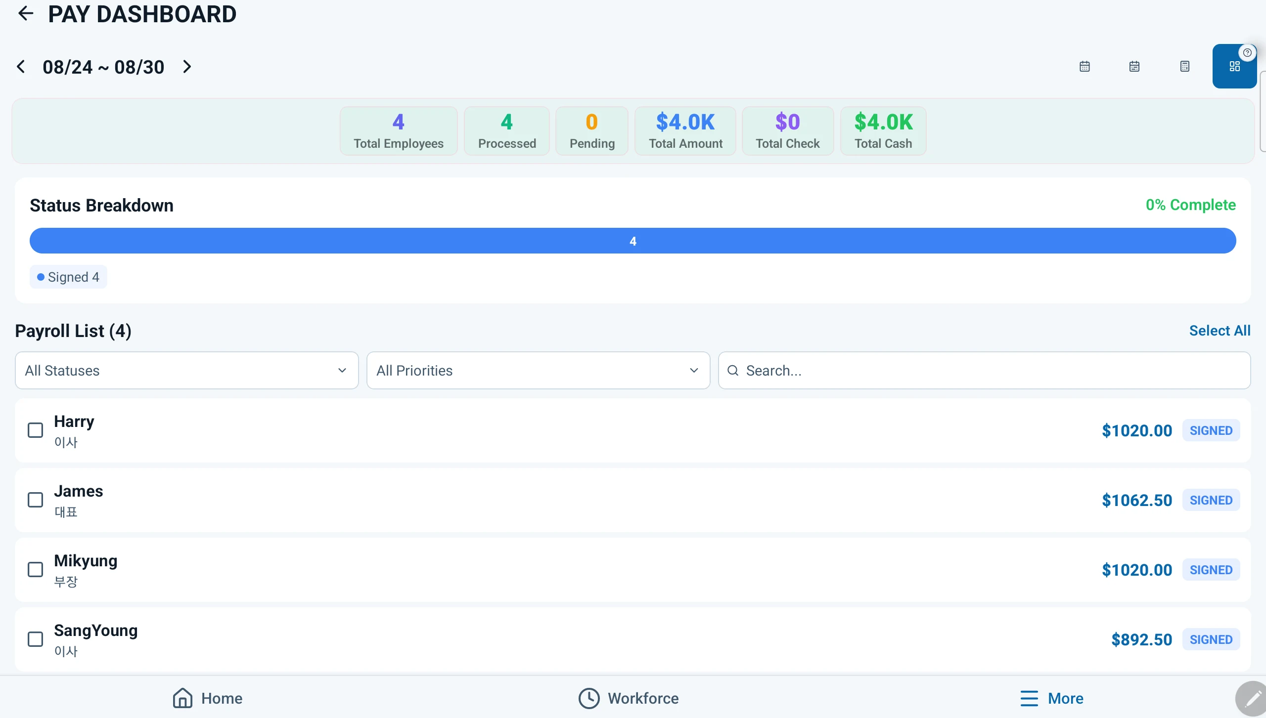 ECOM Workforce — Payroll status